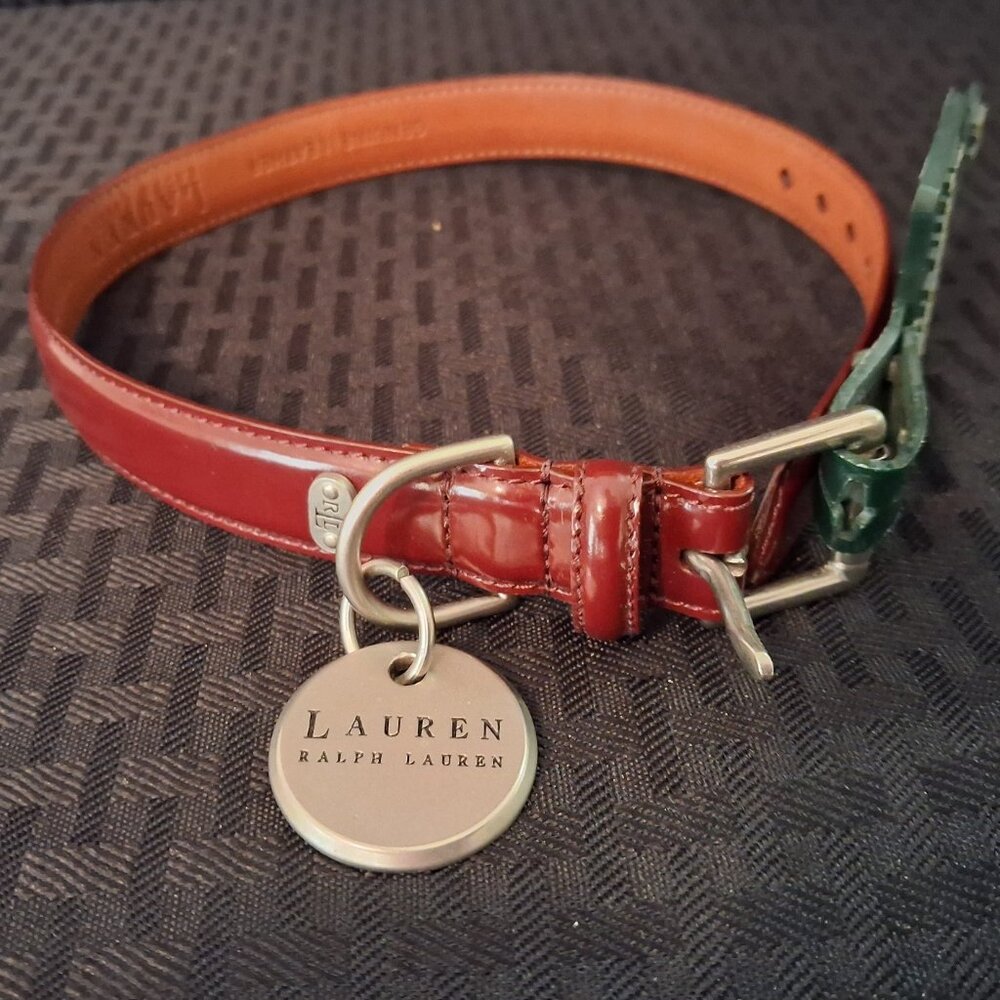 NEW Lauren Ralph Lauren Genuine Leather Brown Dog Collar Medium Logo & Tag
